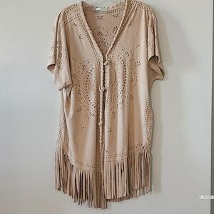 Maurices Faux Suede Tan Fringe Cardigan Vest Top with Cutout Design